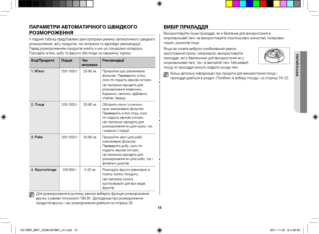 Samsung GE73BR/BWT manual Параметри автоматичного швидкого розмороження, Вибір приладдя 