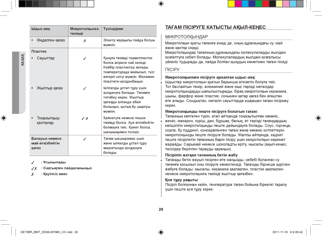 Samsung GE73BR/BWT manual Тағам пісіруге катысты ақыл-кеңес, Микротолқындар, Пісіру 