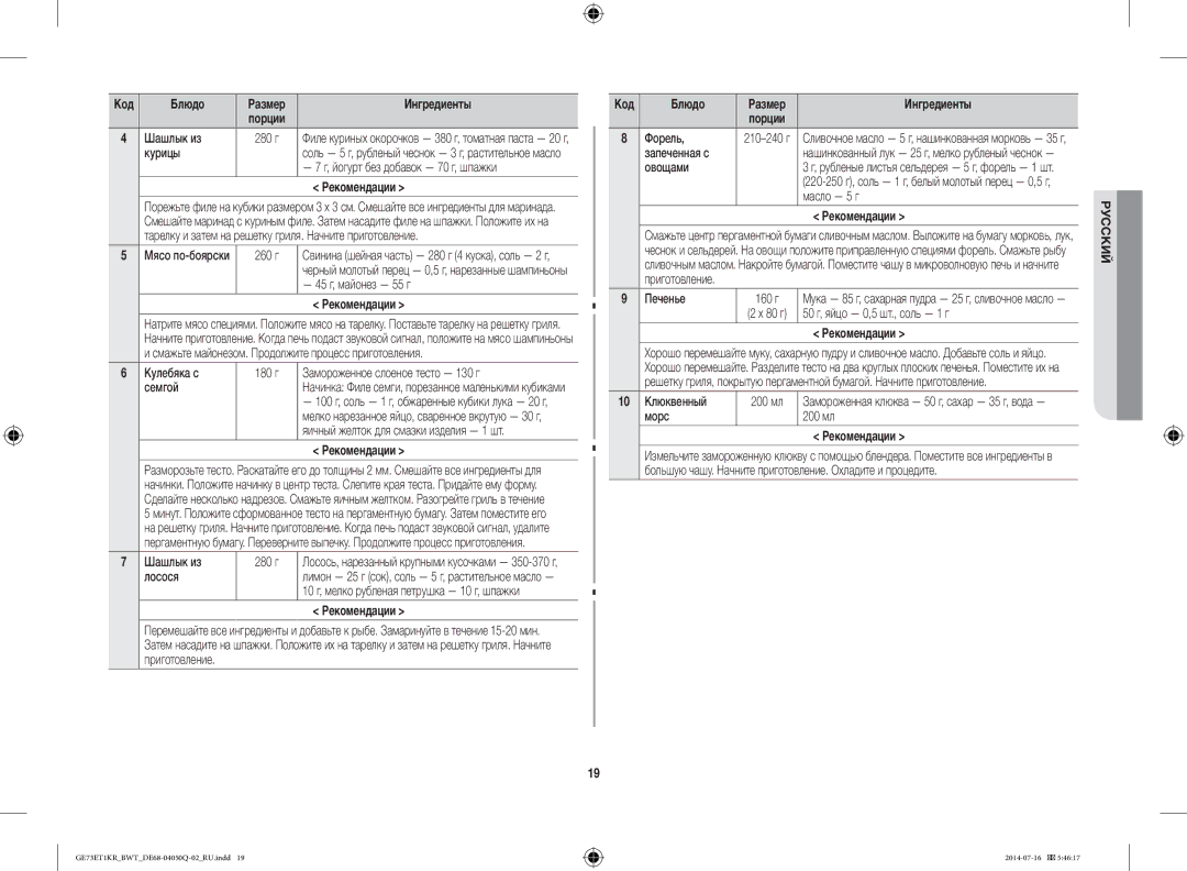 Samsung GE73M2KR-S/BWT, GE73E2KR-S/BWT, GE73ET1KR/BWT, GE73M1KR/BWT manual Шашлык из, Курицы, Йогурт без добавок 70 г, шпажки 