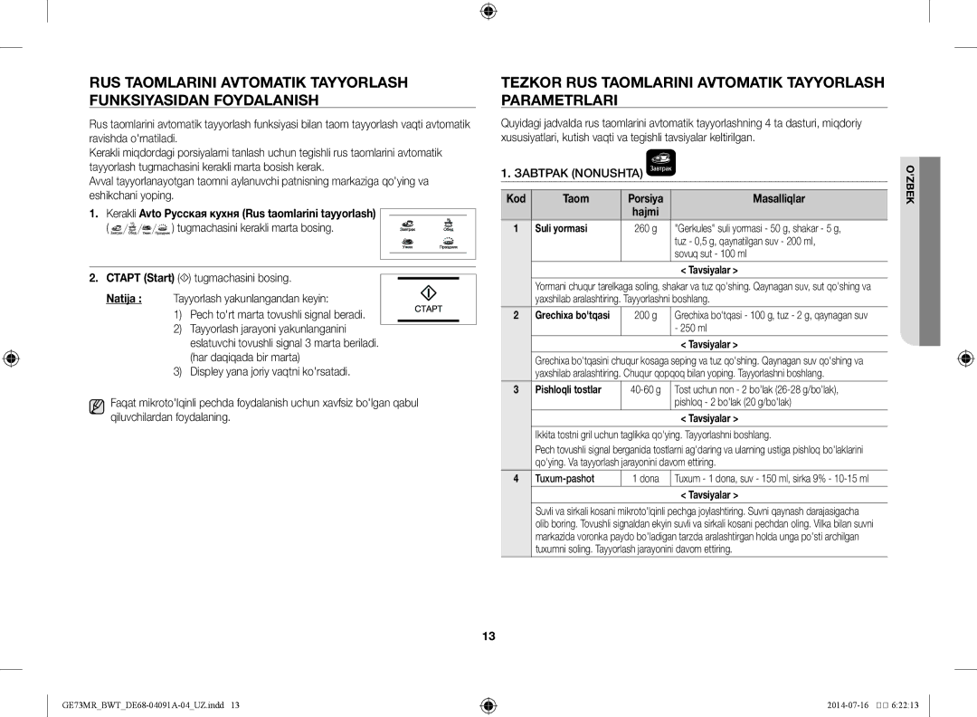 Samsung GE73MR/BWT Tezkor rus taomlarini avtomatik tayyorlash parametrlari, Tugmachasini kerakli marta bosing, Kod Taom 