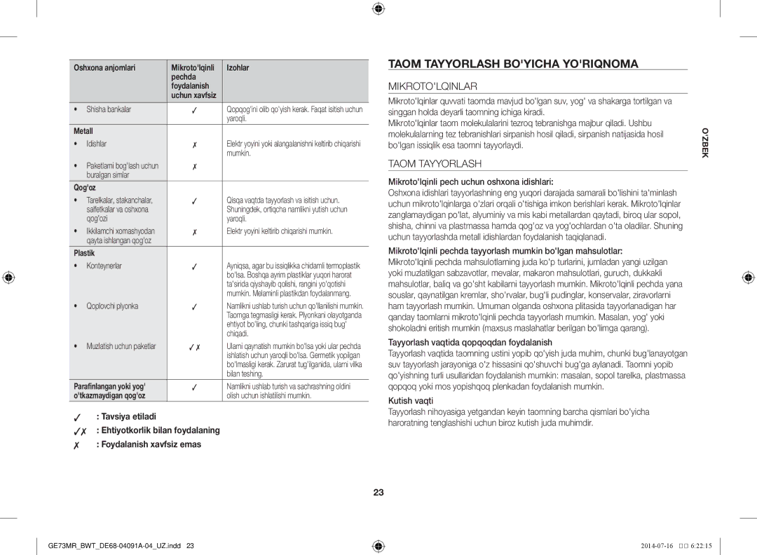Samsung GE73MR/BWT, GE73MR-S/BWT manual Taom tayyorlash boyicha yoriqnoma, Mikrotolqinlar, Taom Tayyorlash 