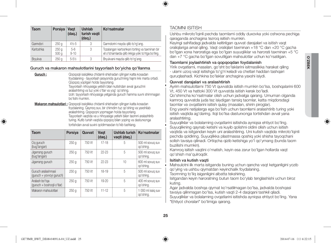 Samsung GE73MR/BWT, GE73MR-S/BWT manual Taomni Isitish, Guruch, Korsatmalar 