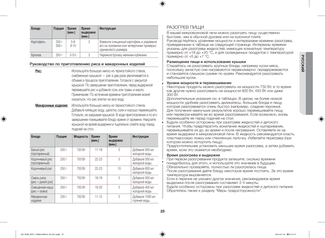 Samsung GE73MR/BWT, GE73MR-S/BWT Разогрев Пищи, Руководство по приготовлению риса и макаронных изделий, Рис, Блюдо Порция 