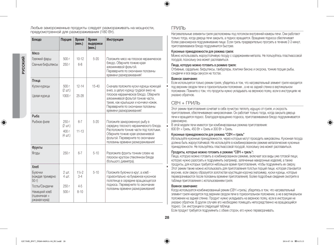 Samsung GE73MR-S/BWT, GE73MR/BWT manual СВЧ + Гриль 