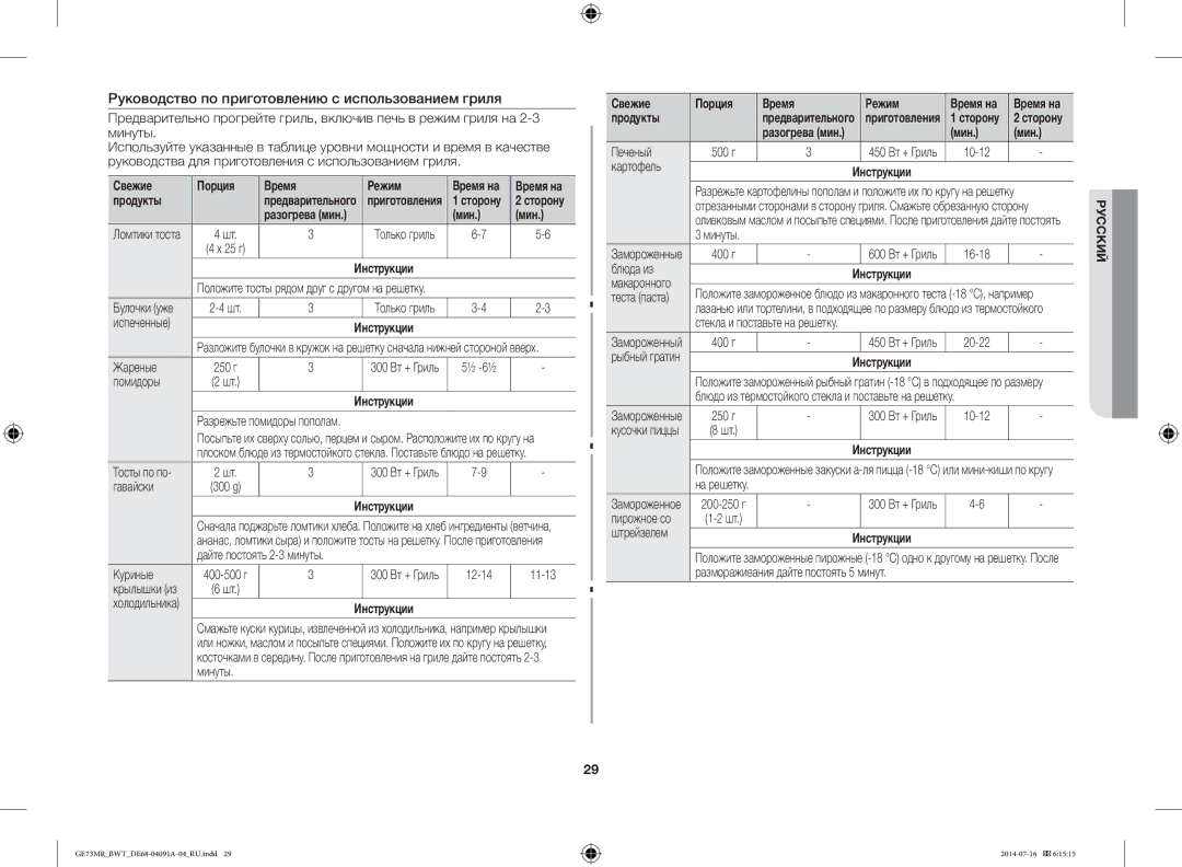Samsung GE73MR/BWT, GE73MR-S/BWT Руководство по приготовлению с использованием гриля, Свежие Порция Время Режим, Продукты 