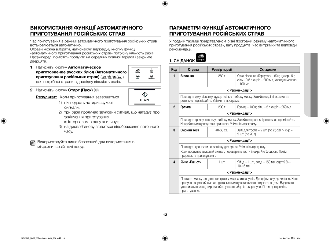 Samsung GE73MR/BWT, GE73MR-S/BWT manual Код Страва, Складники, Вівсянка, Рекомендації, Гречка, Сирний тост 