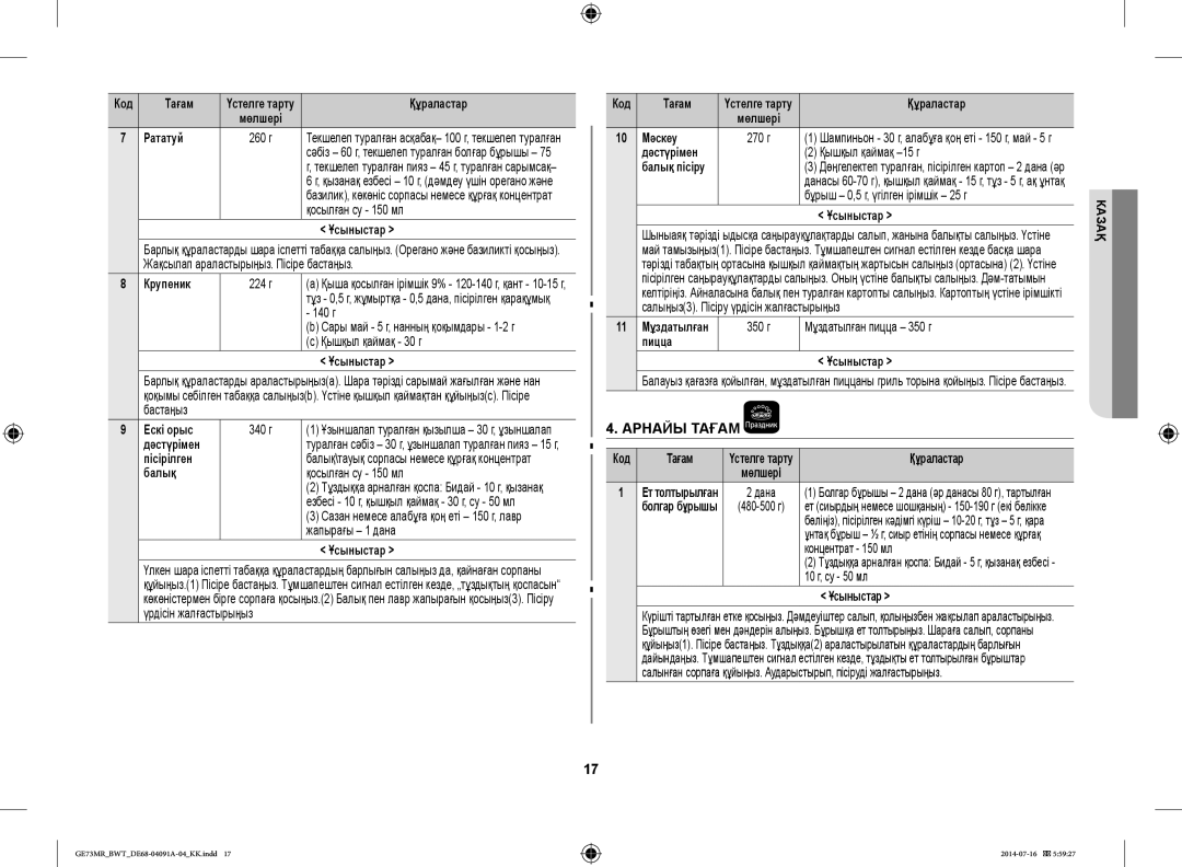 Samsung GE73MR/BWT manual Рататуй, Крупеник, Ескі орыс, Балық, Мәскеу, Дәстүрімен Қышқыл қаймақ -15 г, Пицца Ұсыныстар 