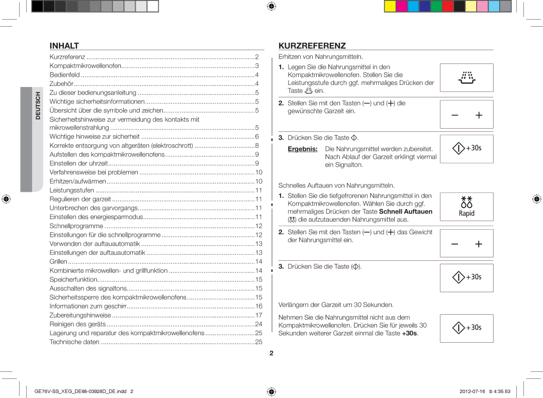 Samsung GE76V-SS/XEG manual Inhalt, Kurzreferenz, Sicherheitshinweise zur vermeidung des kontakts mit 