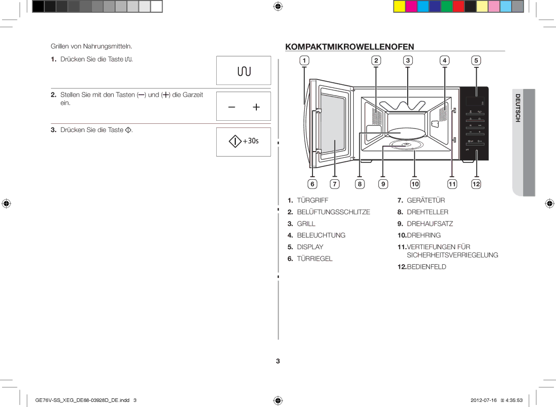 Samsung GE76V-SS/XEG manual Kompaktmikrowellenofen 