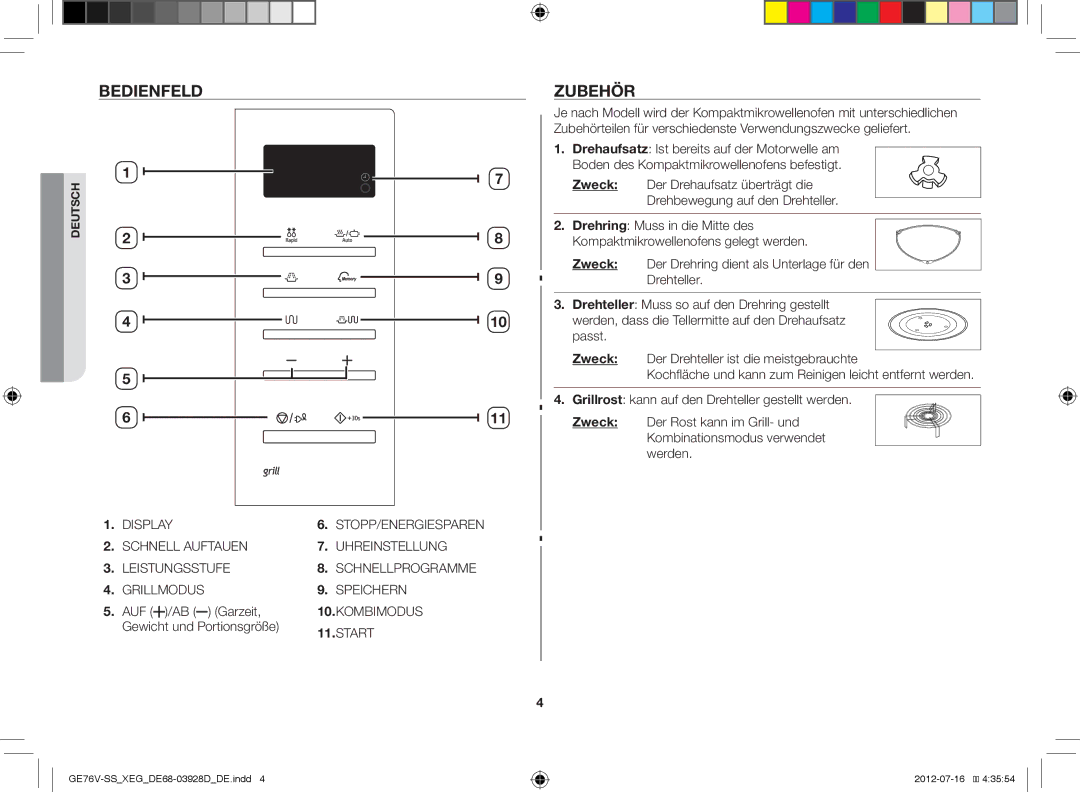 Samsung GE76V-SS/XEG manual Bedienfeld, Zubehör, Garzeit, Gewicht und Portionsgröße 