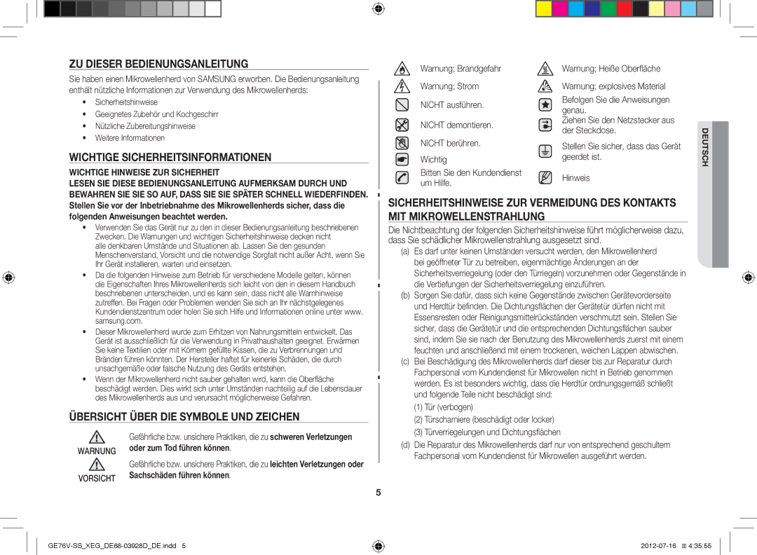 Samsung GE76V-SS/XEG manual ZU Dieser Bedienungsanleitung, Wichtige Sicherheitsinformationen 