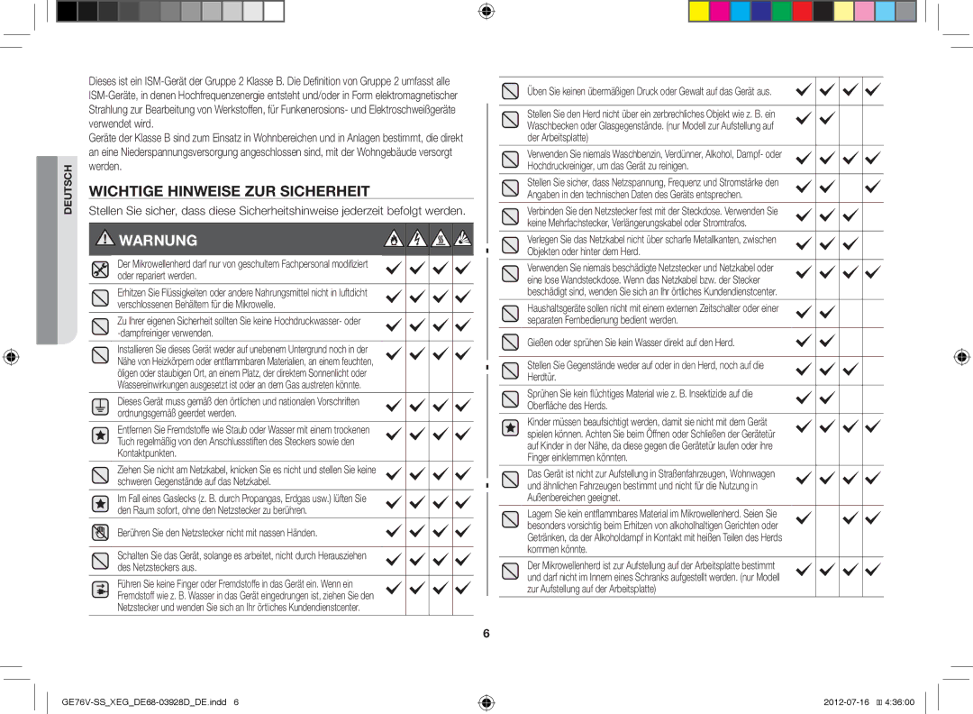 Samsung GE76V-SS/XEG manual Wichtige Hinweise ZUR Sicherheit, Warnung 