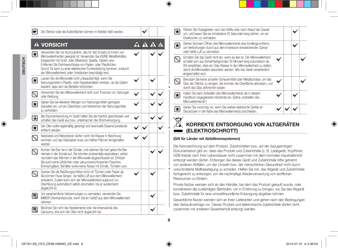 Samsung GE76V-SS/XEG manual Korrekte Entsorgung VON Altgeräten Elektroschrott, Gilt für Länder mit Abfalltrennsystemen 