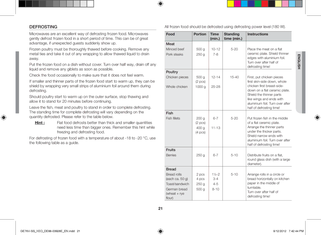 Samsung GE76V-SS/XEO manual Defrosting, Food Portion Time Standing Instructions Min Time min, Fruits, Bread 