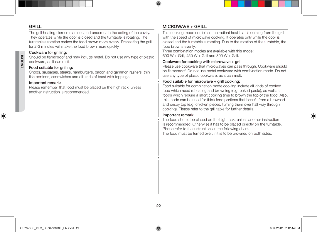 Samsung GE76V-SS/XEO manual Microwave + Grill 