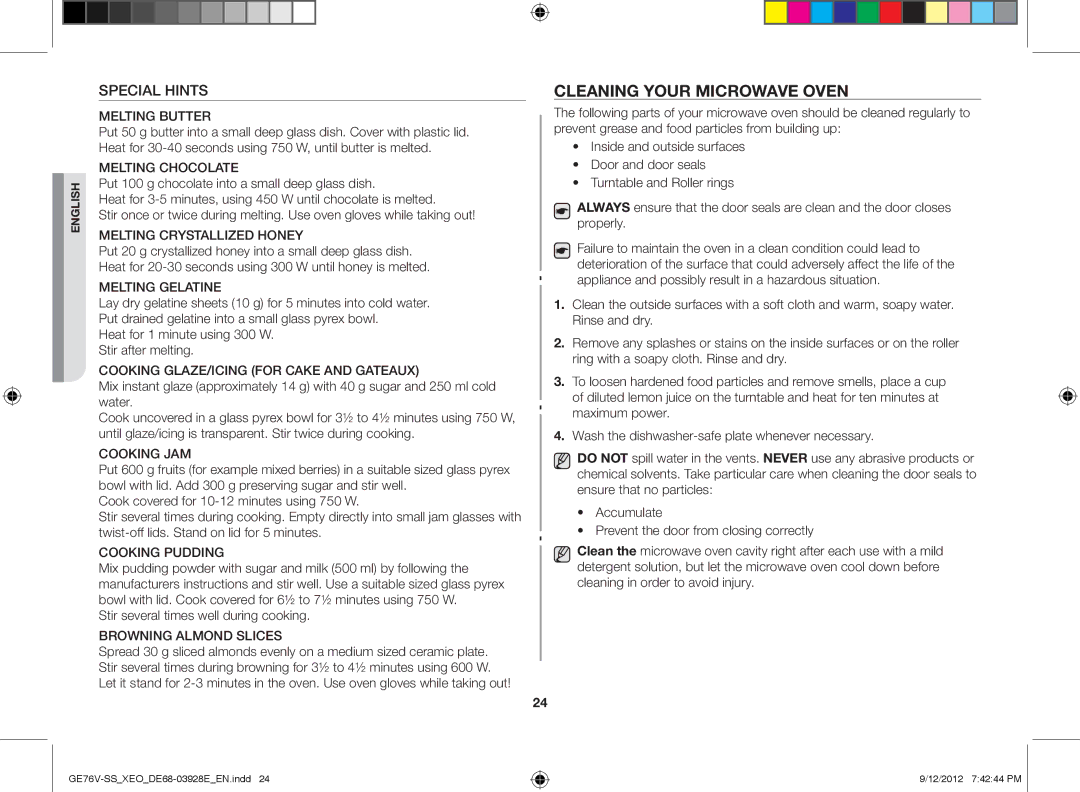 Samsung GE76V-SS/XEO manual Cleaning your microwave oven, Special Hints, Stir several times well during cooking 