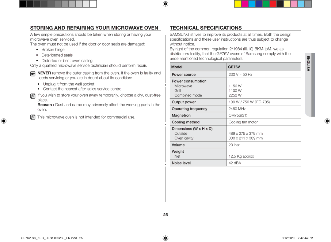 Samsung GE76V-SS/XEO manual Storing and repairing your microwave oven, Technical specifications 