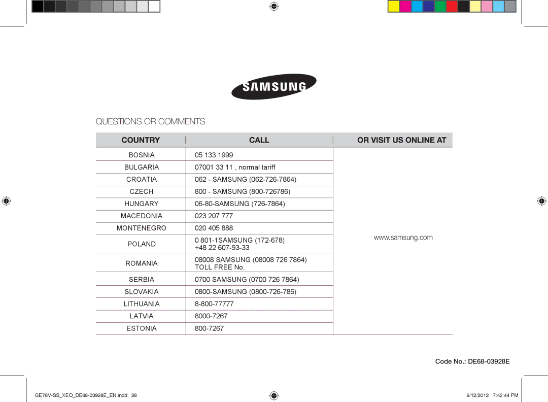 Samsung GE76V-SS/XEO manual 05 133, Code No. DE68-03928E 