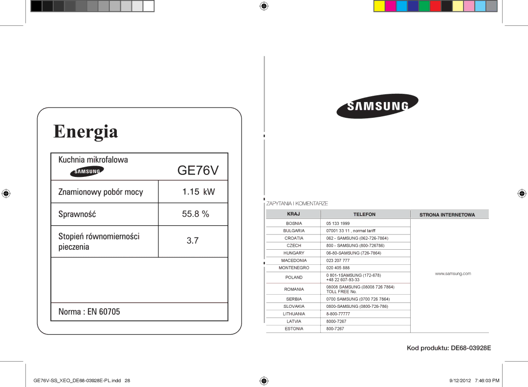 Samsung GE76V-SS/XEO manual Kod produktu DE68-03928E 