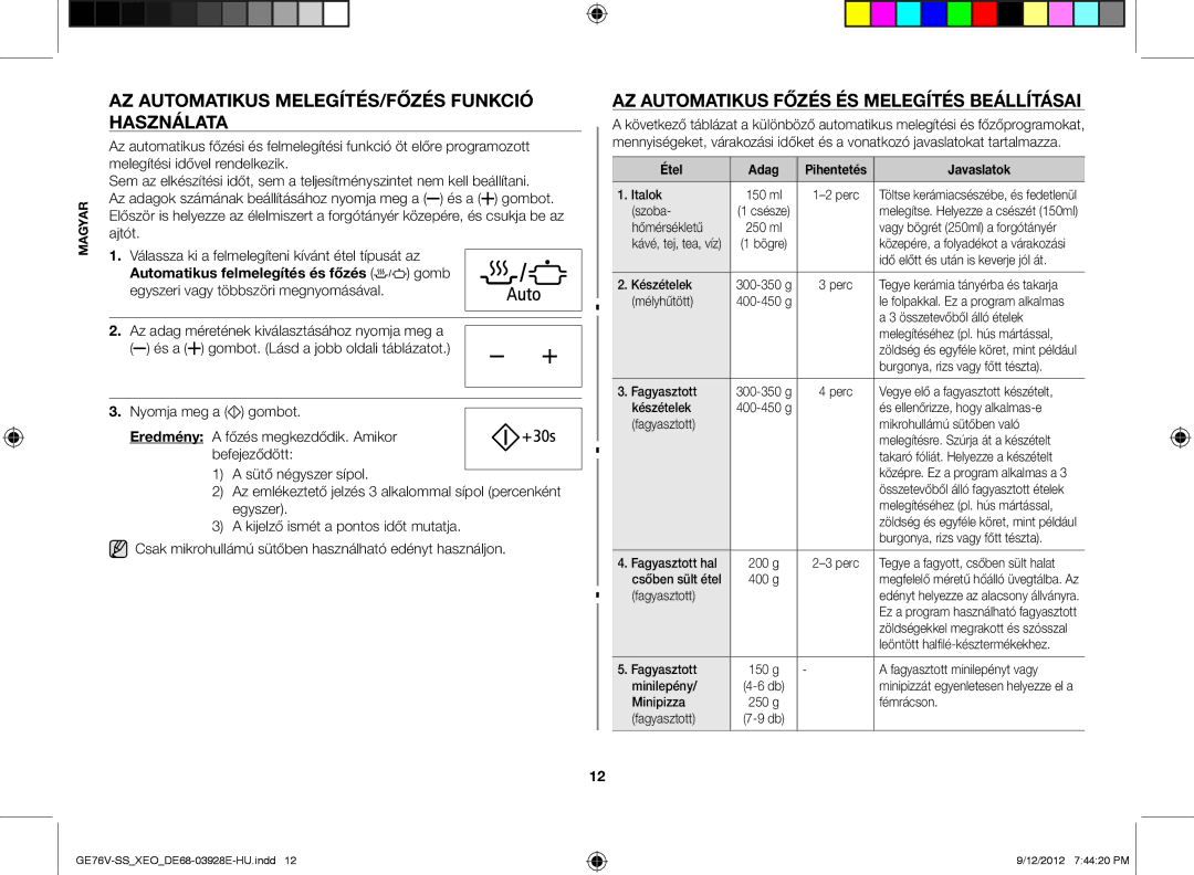 Samsung GE76V-SS/XEO Az automatikus melegítés/főzés funkció használata, Az automatikus főzés és melegítés beállításai 