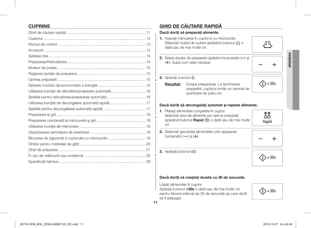 Samsung GE76V-WW/BOL manual Cuprins, Ghid DE Căutare Rapidă, Dacă doriţi să preparaţi alimente 