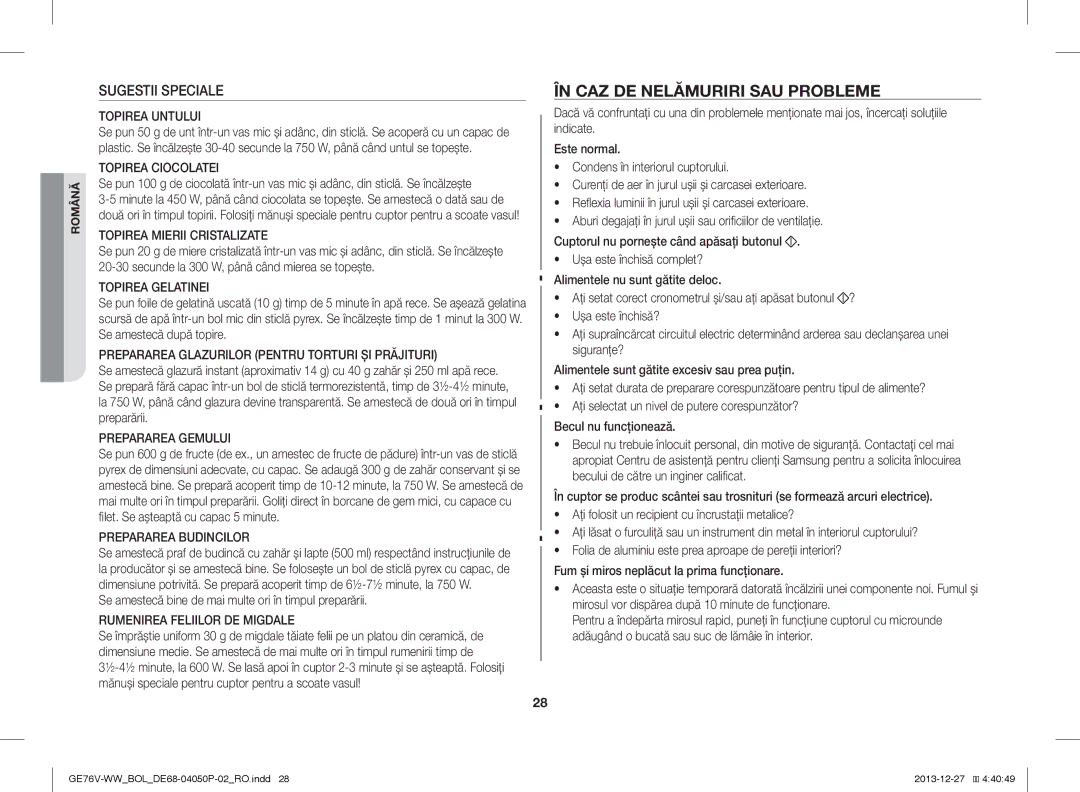 Samsung GE76V-WW/BOL manual ÎN CAZ DE Nelămuriri SAU Probleme, Sugestii Speciale 