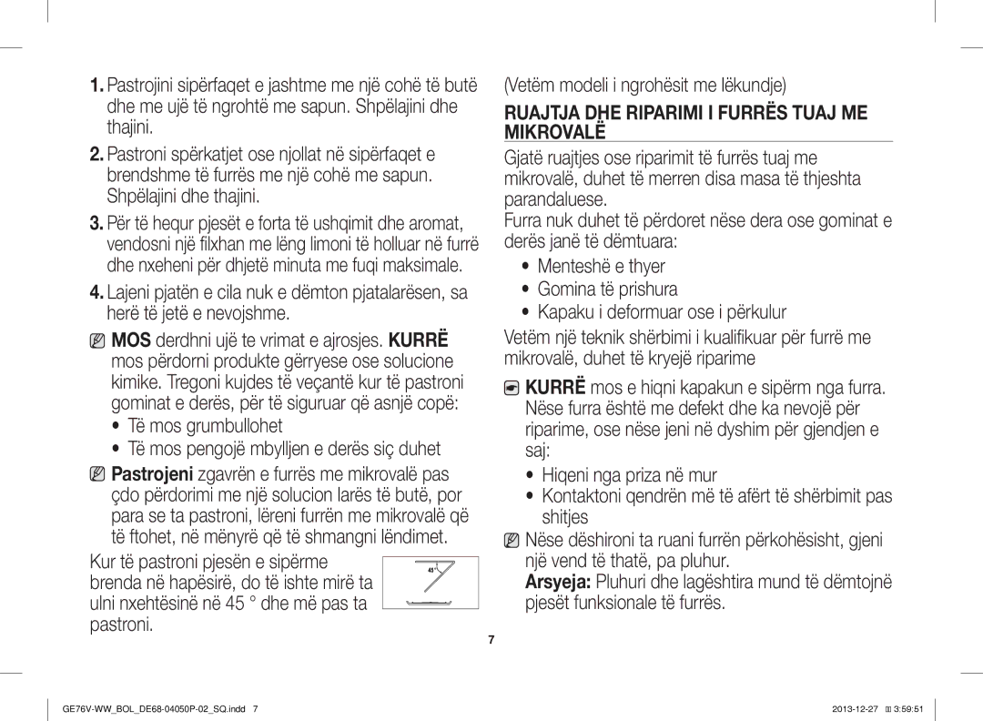 Samsung GE76V-WW/BOL manual Të mos grumbullohet, Ruajtja DHE Riparimi I Furrës Tuaj ME Mikrovalë 