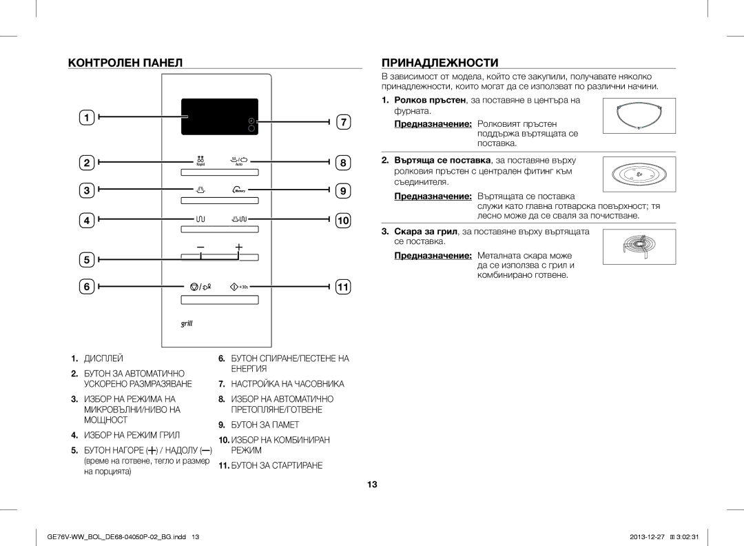 Samsung GE76V-WW/BOL manual Контролен Панел, Принадлежности, Бутон ЗА Автоматично Енергия Ускорено Размразяване, Режим 