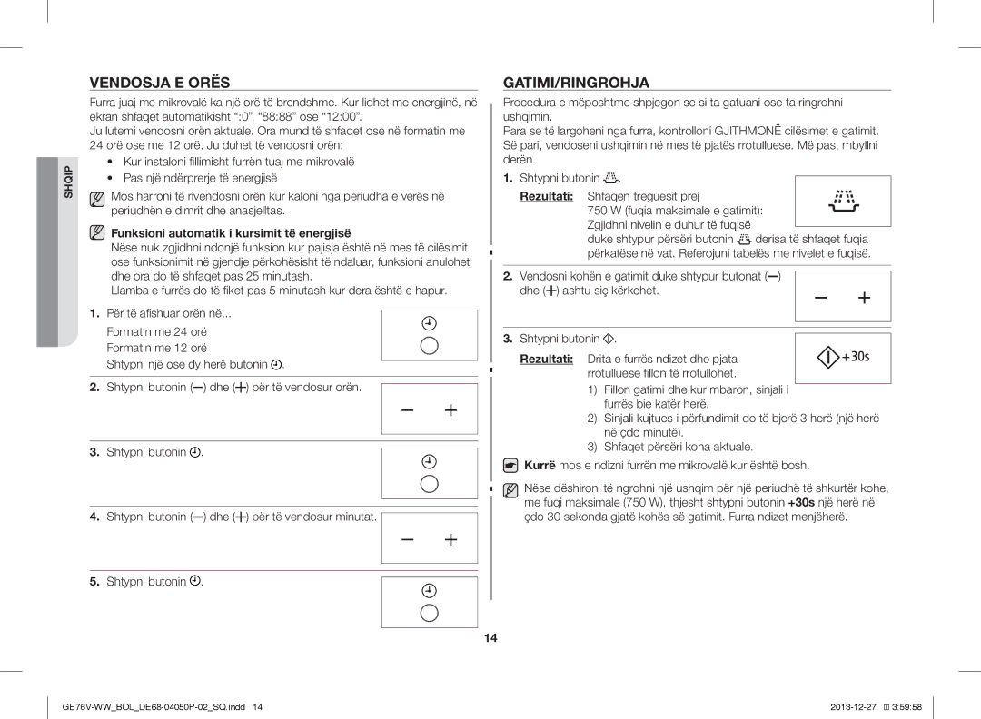 Samsung GE76V-WW/BOL manual Vendosja E Orës, Gatimi/Ringrohja, Funksioni automatik i kursimit të energjisë 