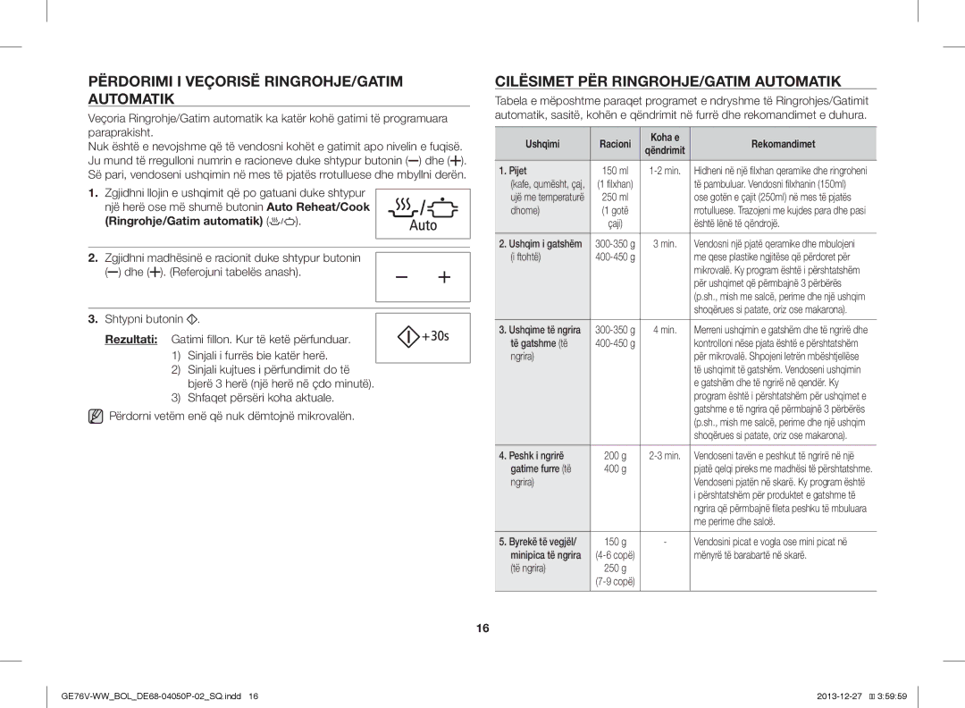 Samsung GE76V-WW/BOL manual Përdorimi I Veçorisë RINGROHJE/GATIM, Cilësimet PËR RINGROHJE/GATIM Automatik 