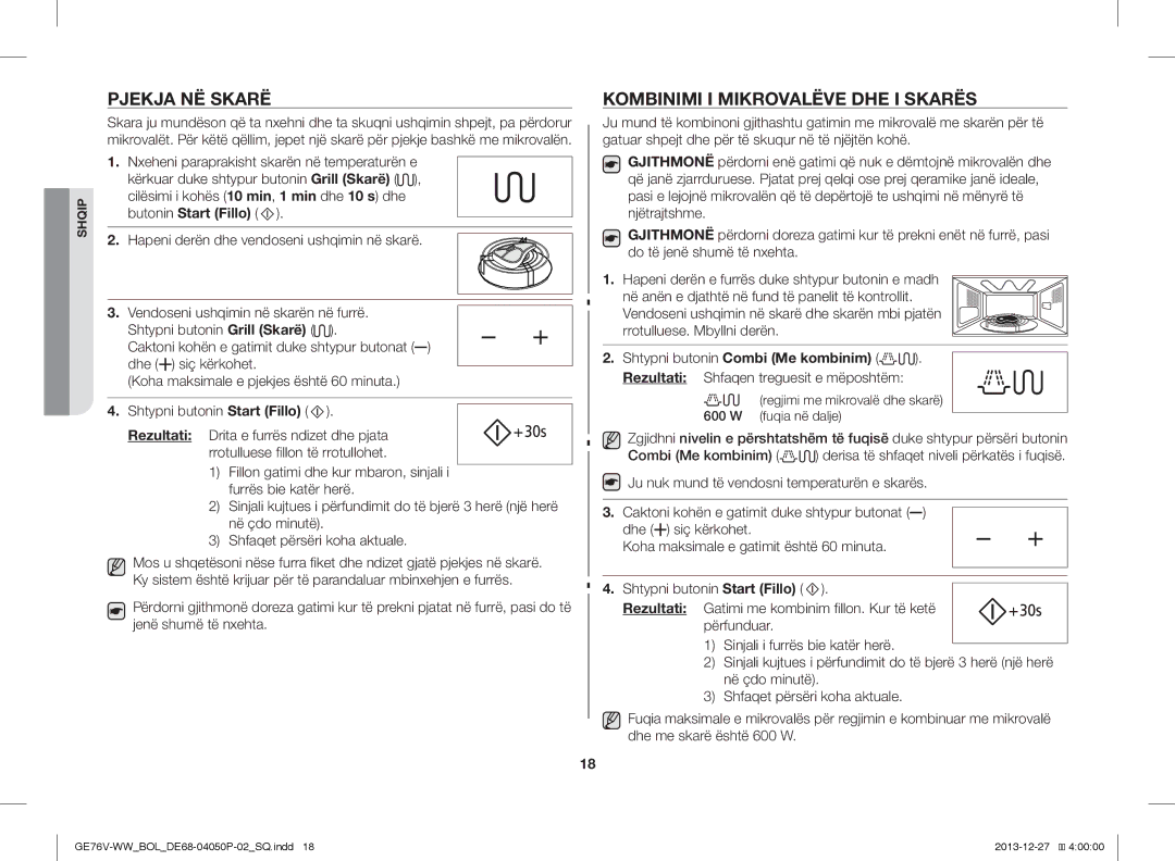 Samsung GE76V-WW/BOL manual Pjekja NË Skarë, Kombinimi I Mikrovalëve DHE I Skarës 