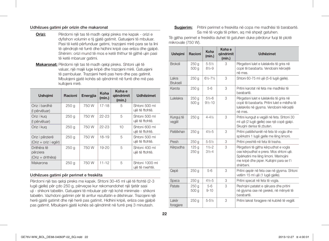 Samsung GE76V-WW/BOL manual Udhëzues gatimi për perimet e freskëta 