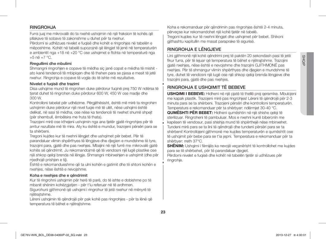 Samsung GE76V-WW/BOL manual Ringrohja E Lëngjeve, Ringrohja E Ushqimit TË Bebeve, Nivelet e fuqisë dhe trazimi 