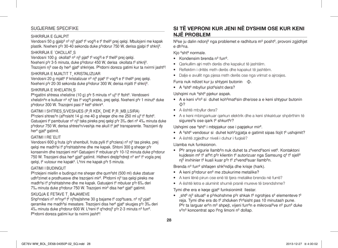 Samsung GE76V-WW/BOL manual SI TË Veproni KUR Jeni NË Dyshim OSE KUR Keni NJË Problem, Sugjerime Specifike 