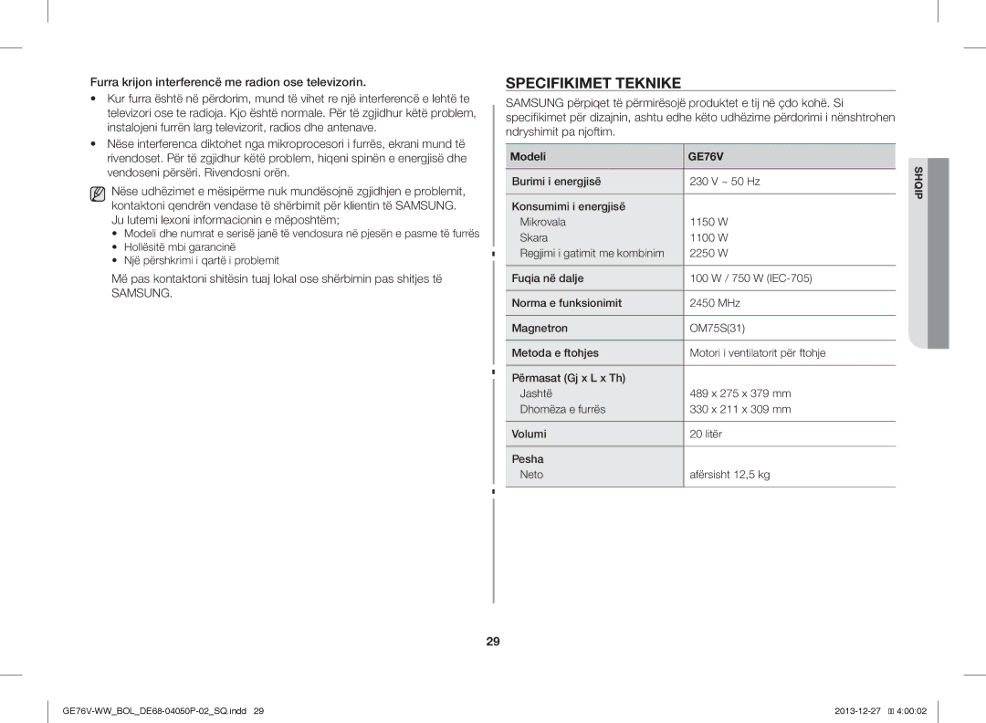 Samsung GE76V-WW/BOL manual Specifikimet Teknike, Hollësitë mbi garancinë Një përshkrimi i qartë i problemit, Modeli 