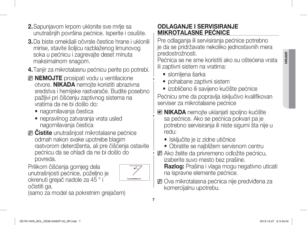 Samsung GE76V-WW/BOL manual Odlaganje I Servisiranje, Mikrotalasne Pećnice 