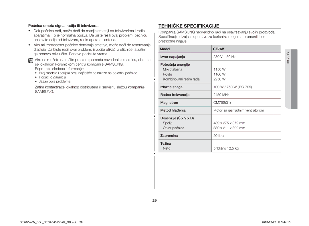 Samsung GE76V-WW/BOL manual Tehničke Specifikacije 