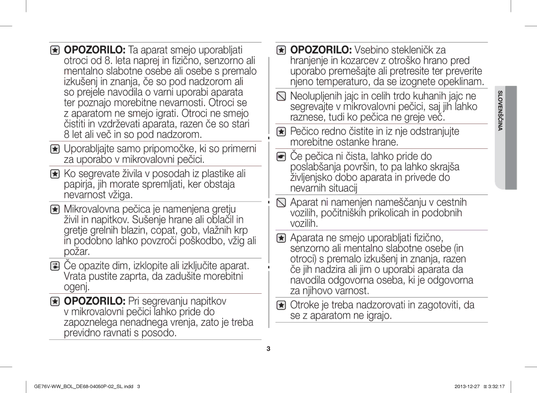 Samsung GE76V-WW/BOL manual Slovenščina 