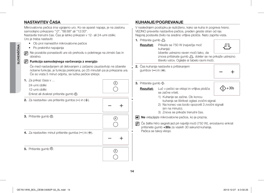 Samsung GE76V-WW/BOL manual Nastavitev Časa, Kuhanje/Pogrevanje, Funkcija samodejnega varčevanja z energijo 