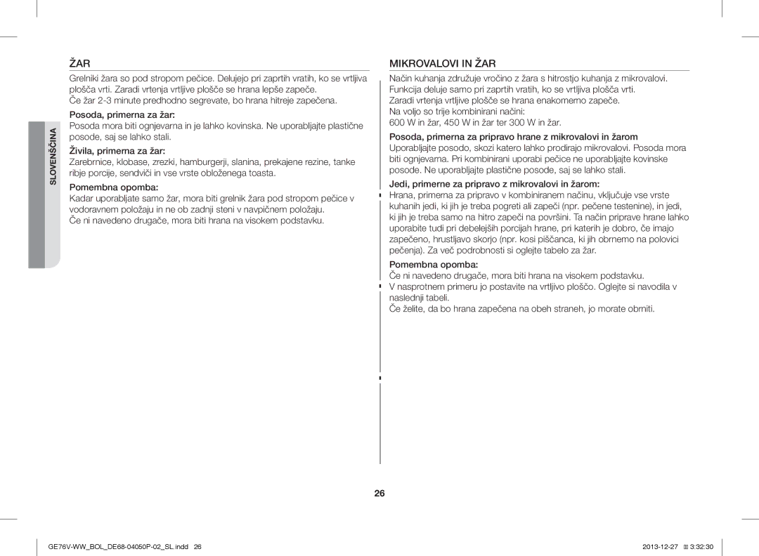 Samsung GE76V-WW/BOL manual Žar, Mikrovalovi in ŽAR 