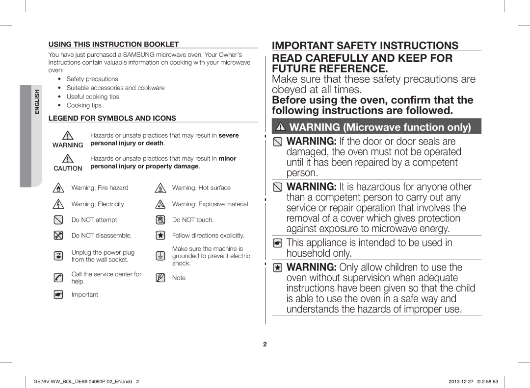 Samsung GE76V-WW/BOL Read Carefully and Keep for Future Reference, This appliance is intended to be used in household only 