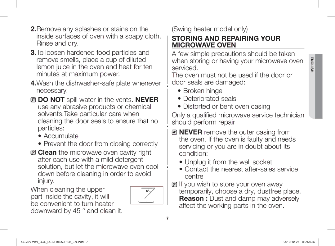 Samsung GE76V-WW/BOL manual Storing and Repairing Your Microwave Oven 