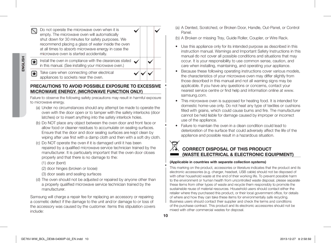 Samsung GE76V-WW/BOL manual Applicable in countries with separate collection systems 