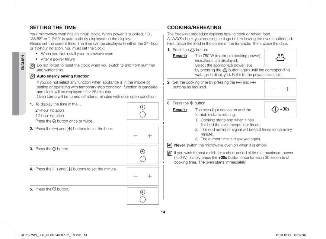 Samsung GE76V-WW/BOL manual Setting the Time, Cooking/Reheating, Auto energy saving function 