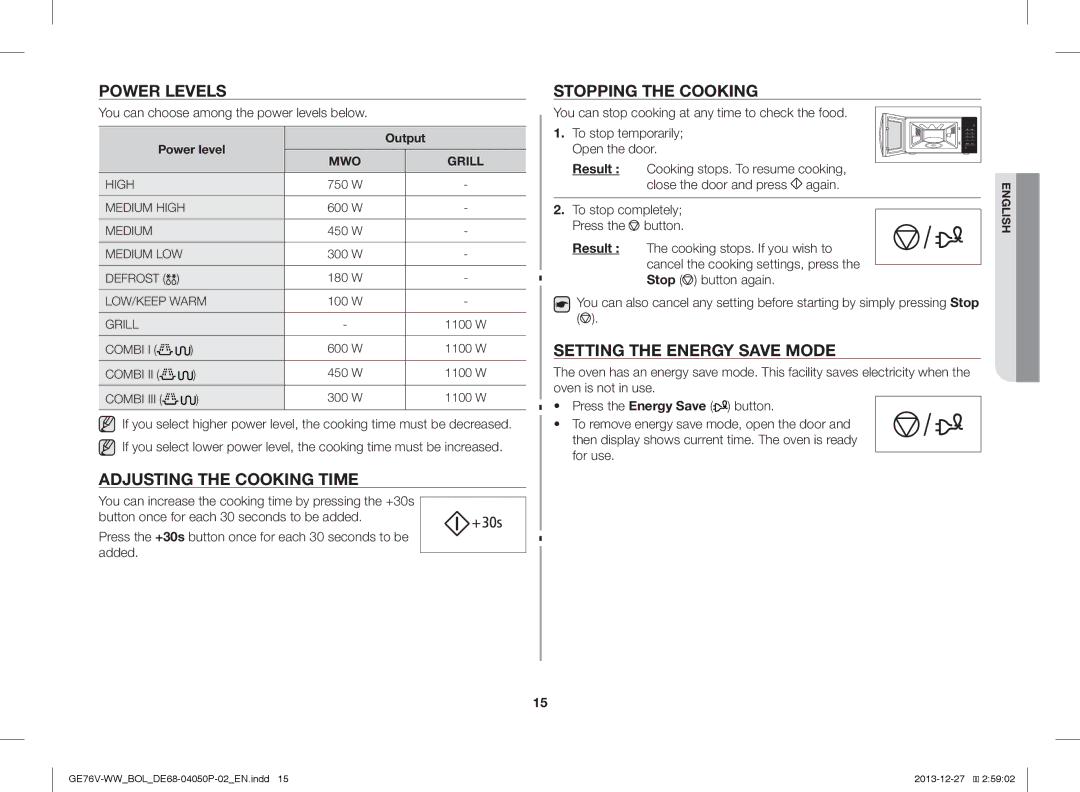 Samsung GE76V-WW/BOL manual Power Levels, Adjusting the Cooking Time, Stopping the Cooking, Setting the Energy Save Mode 