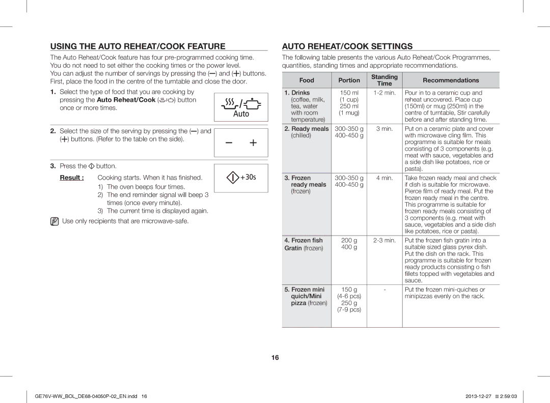 Samsung GE76V-WW/BOL manual Using the Auto REHEAT/COOK Feature, Auto REHEAT/COOK Settings 