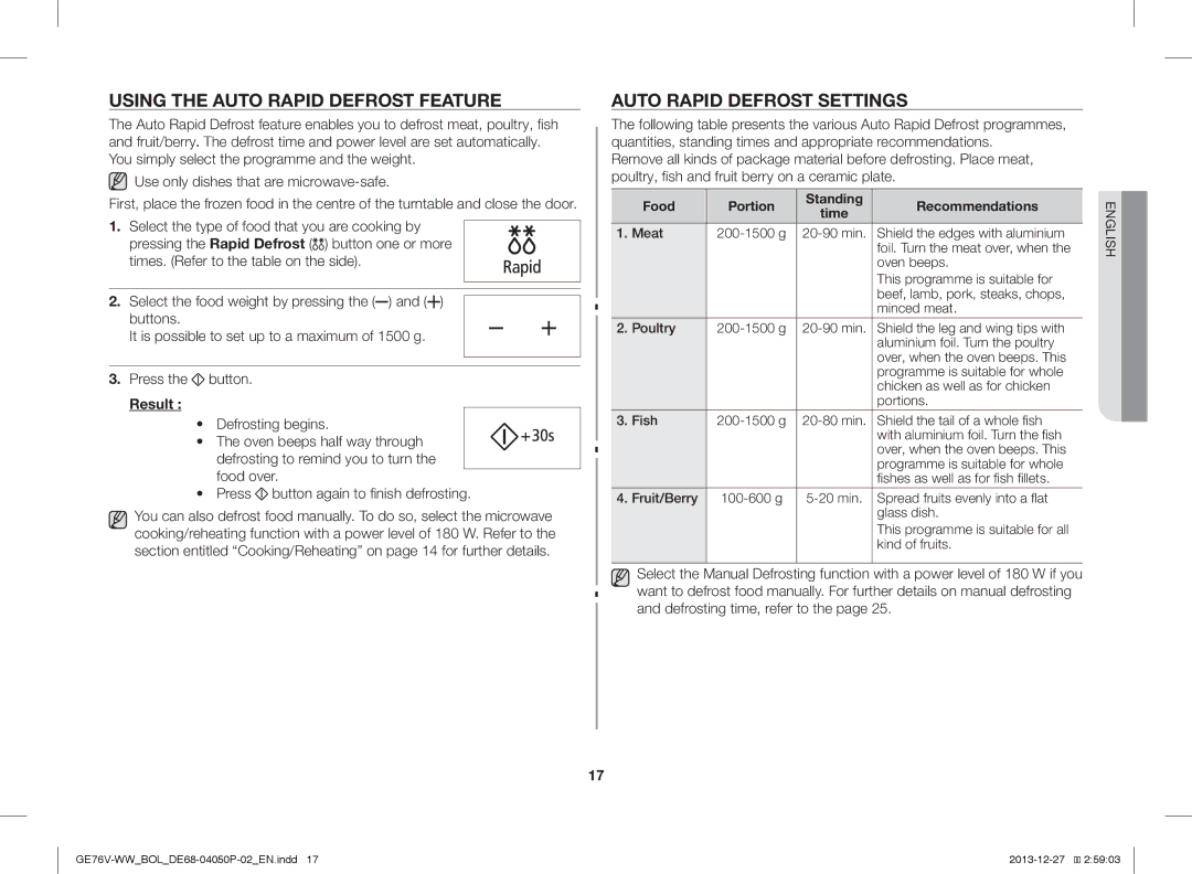 Samsung GE76V-WW/BOL manual Using the Auto Rapid Defrost Feature, Auto Rapid Defrost Settings, Result 