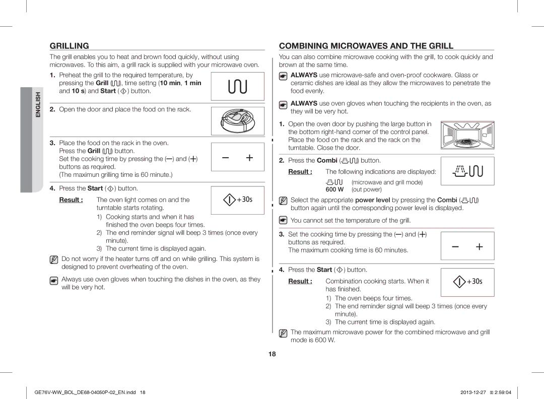 Samsung GE76V-WW/BOL manual Grilling, Combining Microwaves and the Grill 