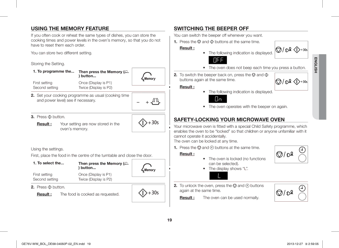 Samsung GE76V-WW/BOL manual Using the Memory Feature, Switching the Beeper OFF, SAFETY-LOCKING Your Microwave Oven 