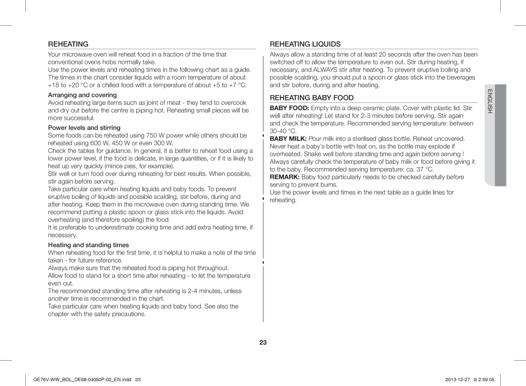 Samsung GE76V-WW/BOL manual Reheating Liquids, Reheating Baby Food 